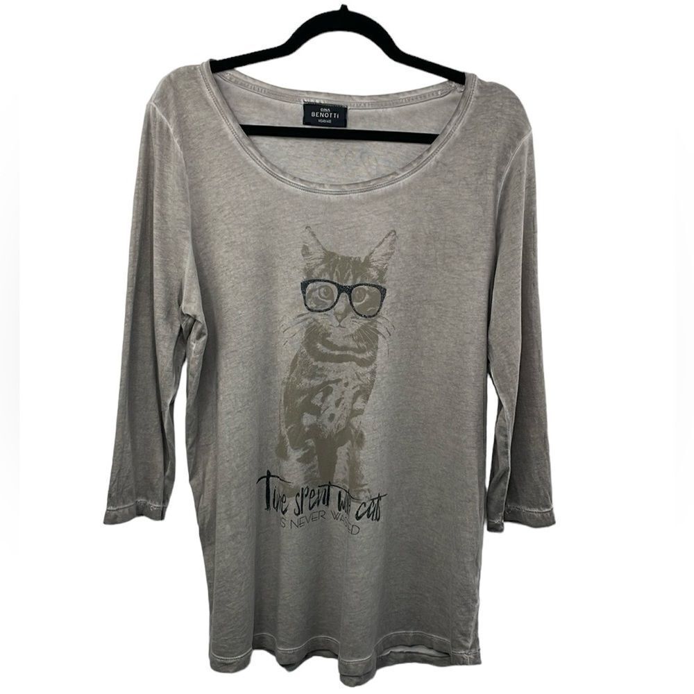 Gina Benotti 3/4 sleeve Cat themed acid wash Medium